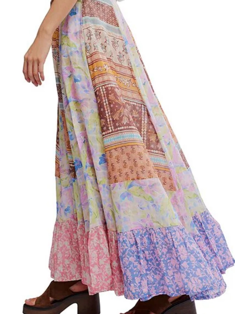 NWT🌷Free People Santa Eulaila Patchwork Printed Ruffle Hem A-Line Maxi Skirt